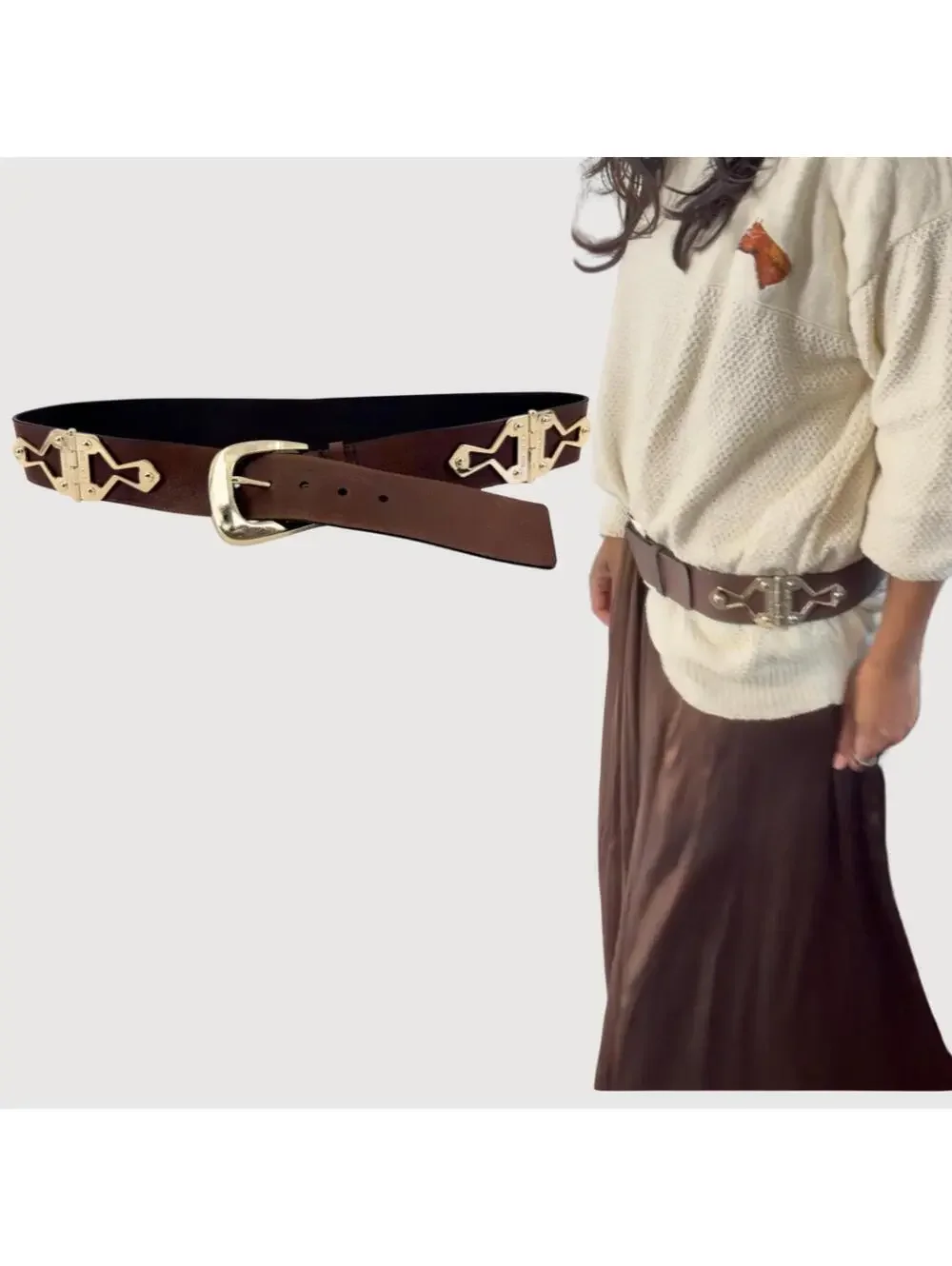 Michael Kors Brown Leather Gold Hardware Statement Belt - L
